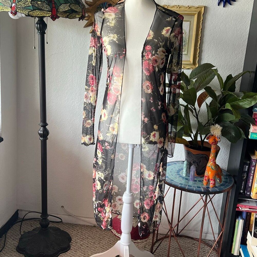 Day G Size small Black Mesh rose Print Duster Cardigan y2k